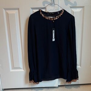 Women's Black Beaded-Trim Long Sleeve Blouse by (No Brand)